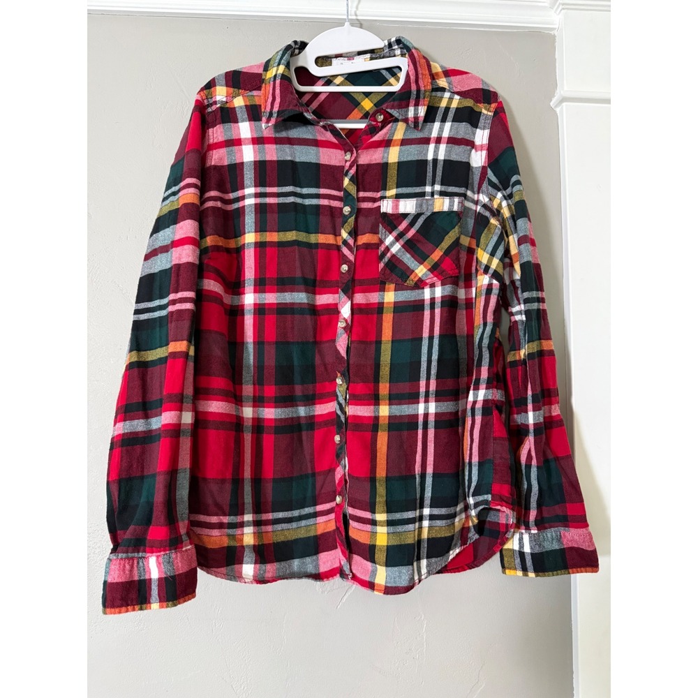 Maurices Womens Red Plaid Flannel Button Down Shirt Cotton Size 0
